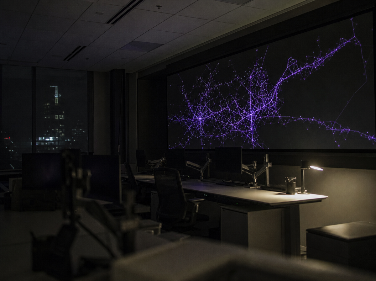 A quiet network operations room at night, a single wall display showing a route topology
